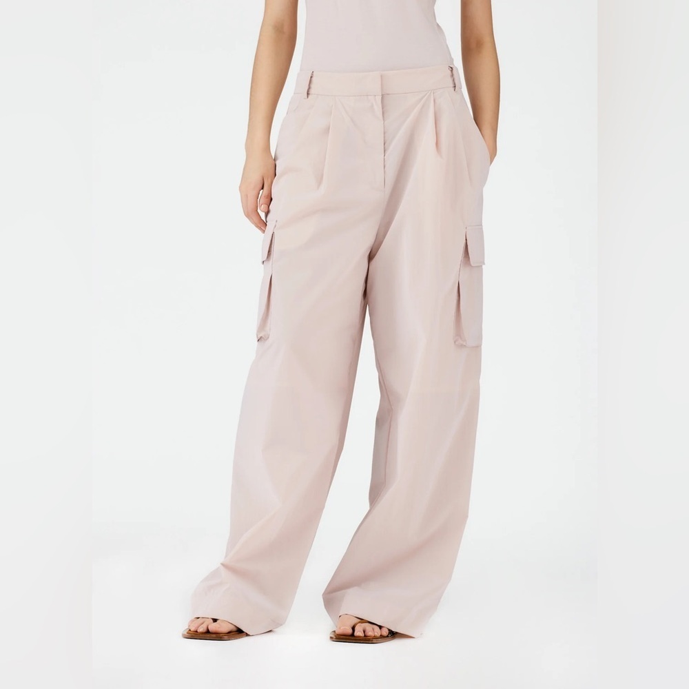 Tibi Powder Nylon Pleated Wide Leg Cargo Stella Pant, Powder Pink, Size 00